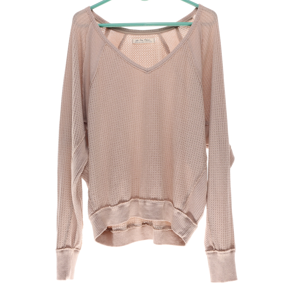 We The Free Women V-Neck Waffle Knit Longsleeve Shirt  M Pink